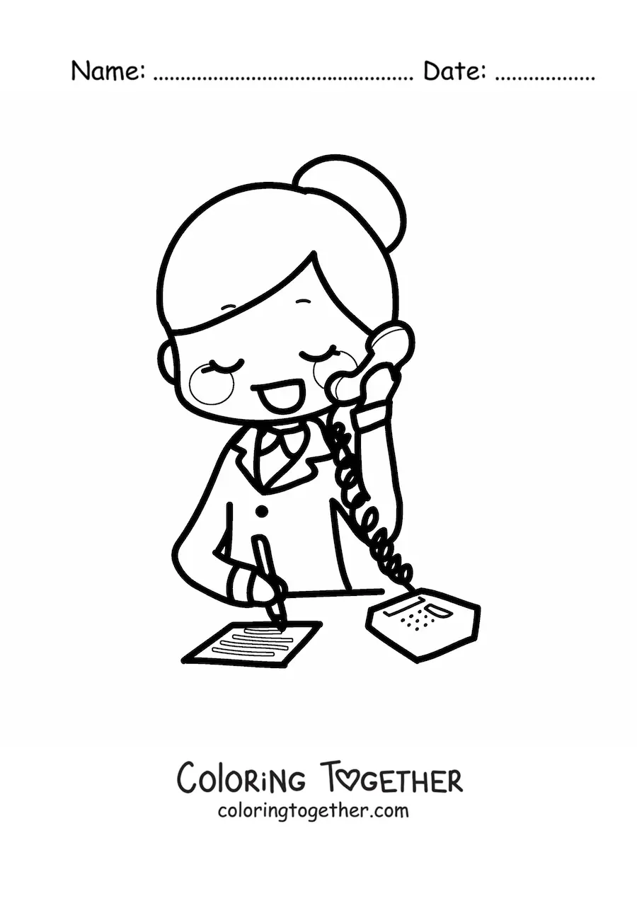 Coloring page of a cartoon of a secretary talking on the phone in her office