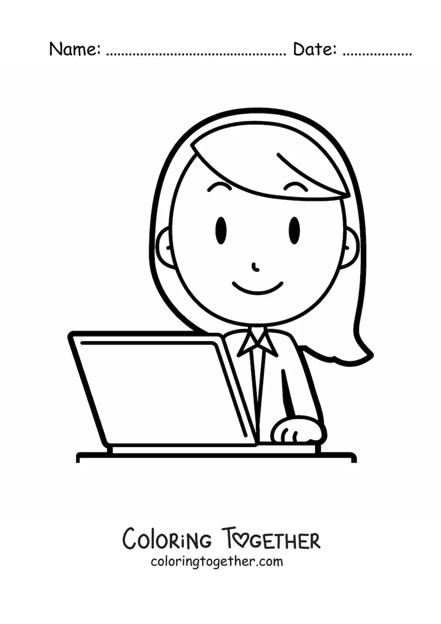 Coloring page of an easy secretary in front of the computer