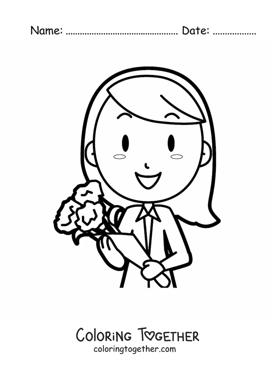 Coloring page of a cartoon secretary with a bouquet of flowers on Secretary's Day