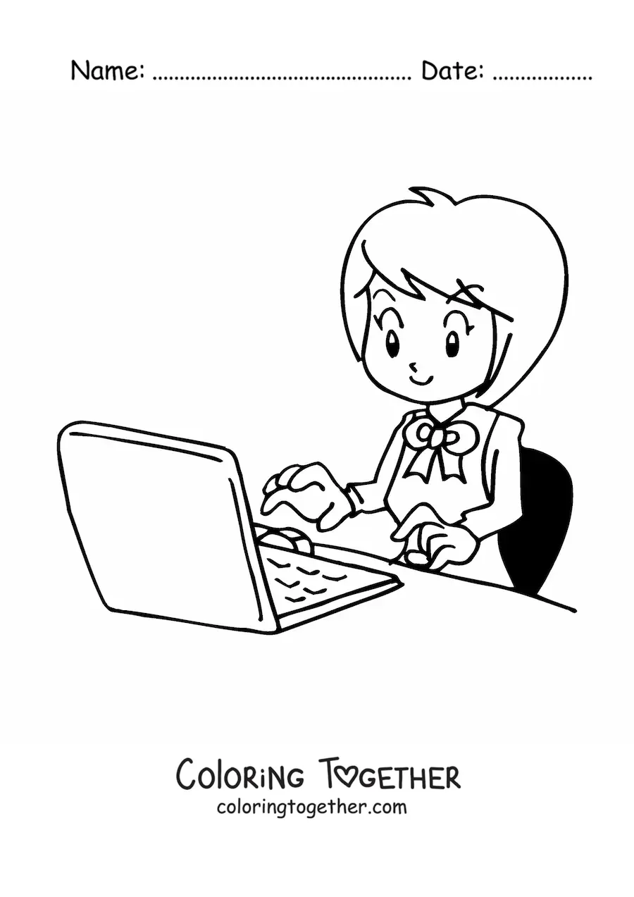 Coloring page of a cartoon secretary typing on the computer