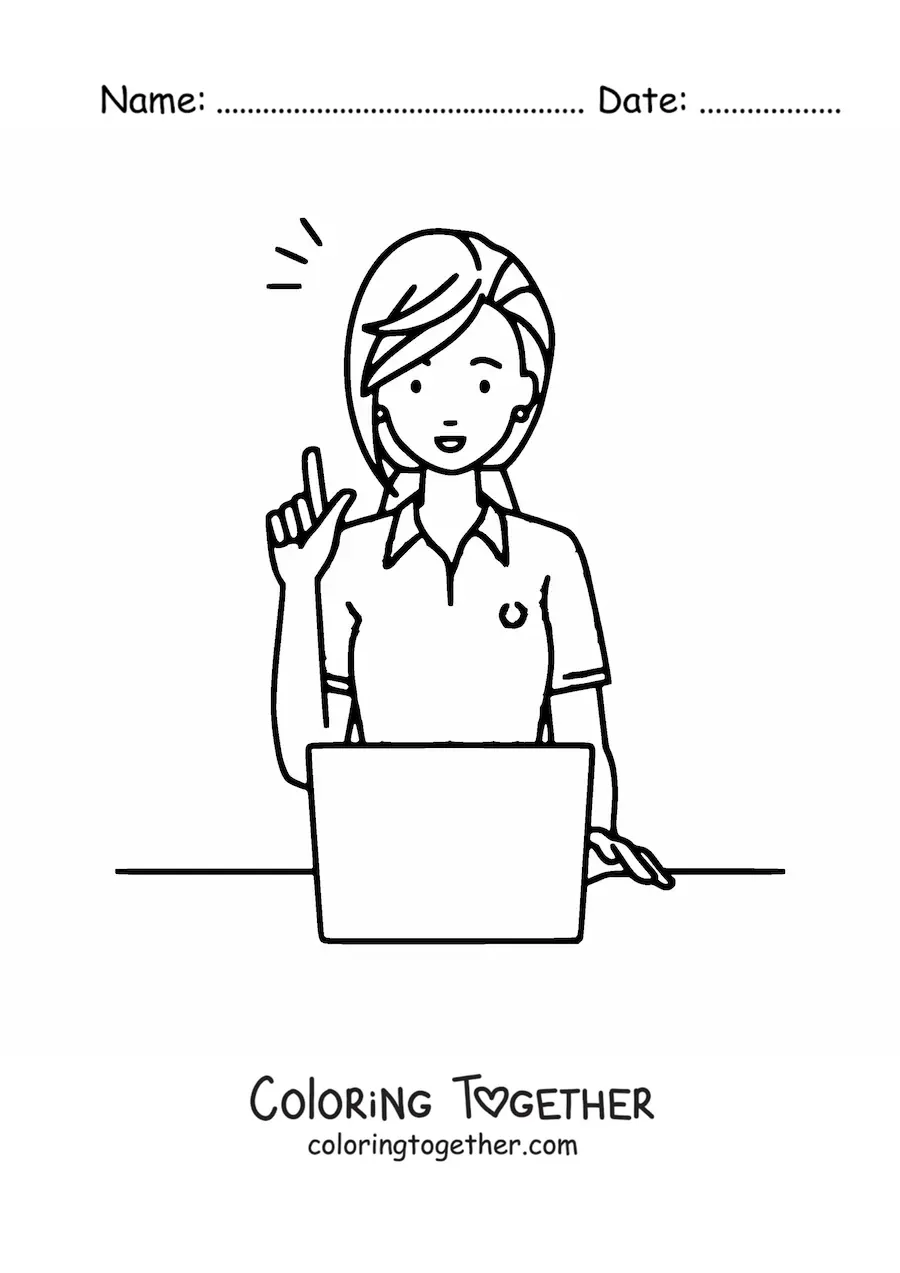 Coloring page of an easy cartoon secretary working with a computer