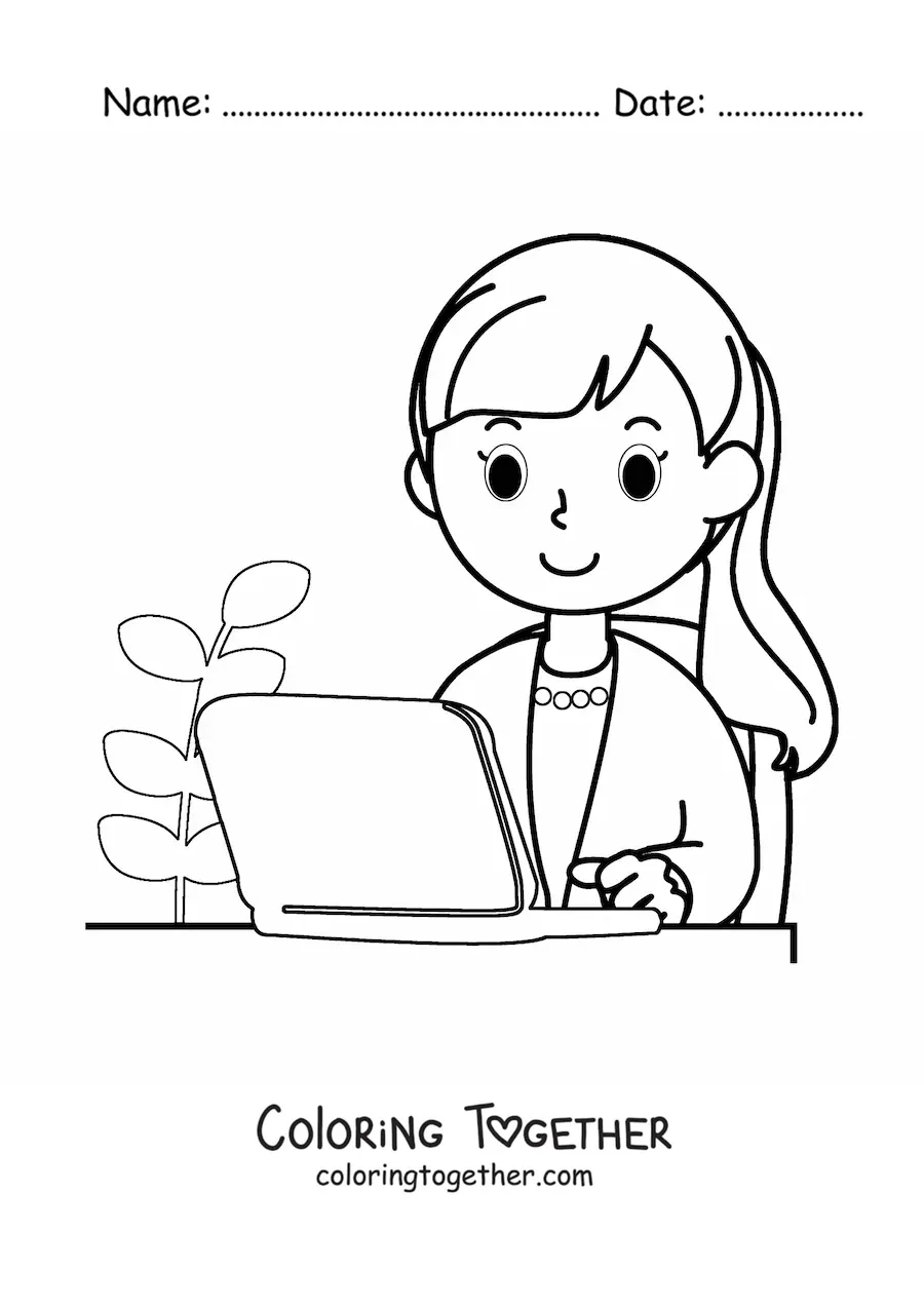 Coloring page of an easy cartoon secretary working on a laptop in the office