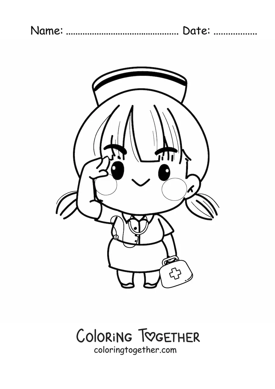 Coloring page of an easy kawaii cartoon nurse