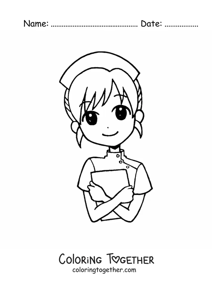 Coloring page of a kawaii cartoon nurse
