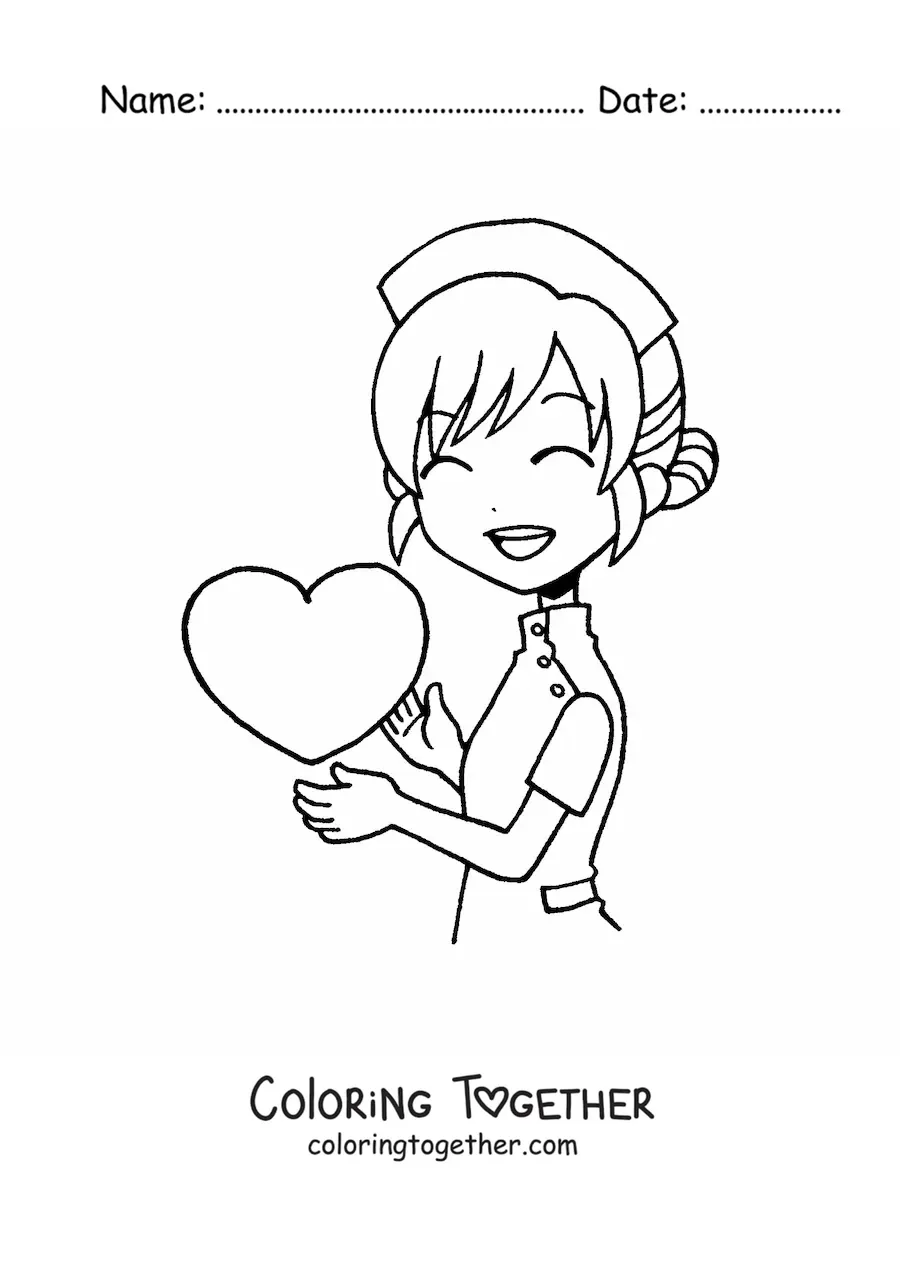 Coloring page of a kawaii cartoon nurse with a heart