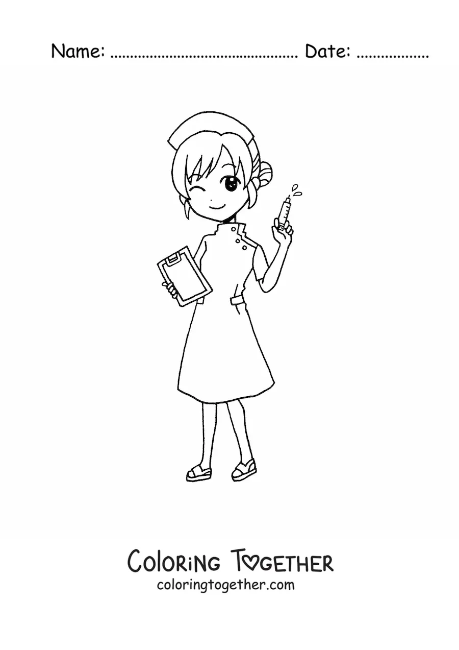 Coloring page of a kawaii cartoon nurse with a syringe