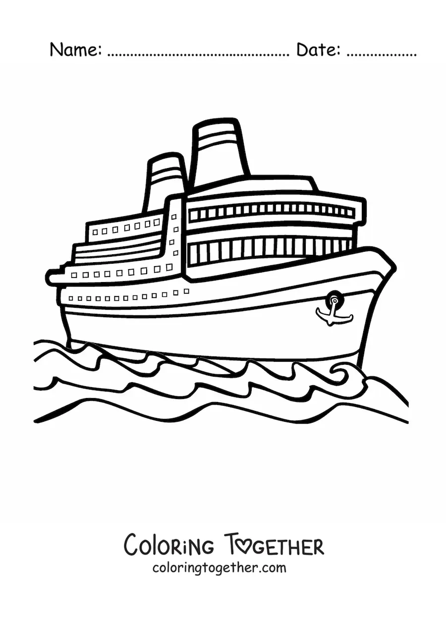 Coloring page of a cruise ship at sea with an anchor