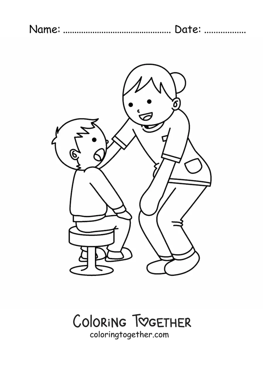 Coloring page of a cartoon nurse caring for a child