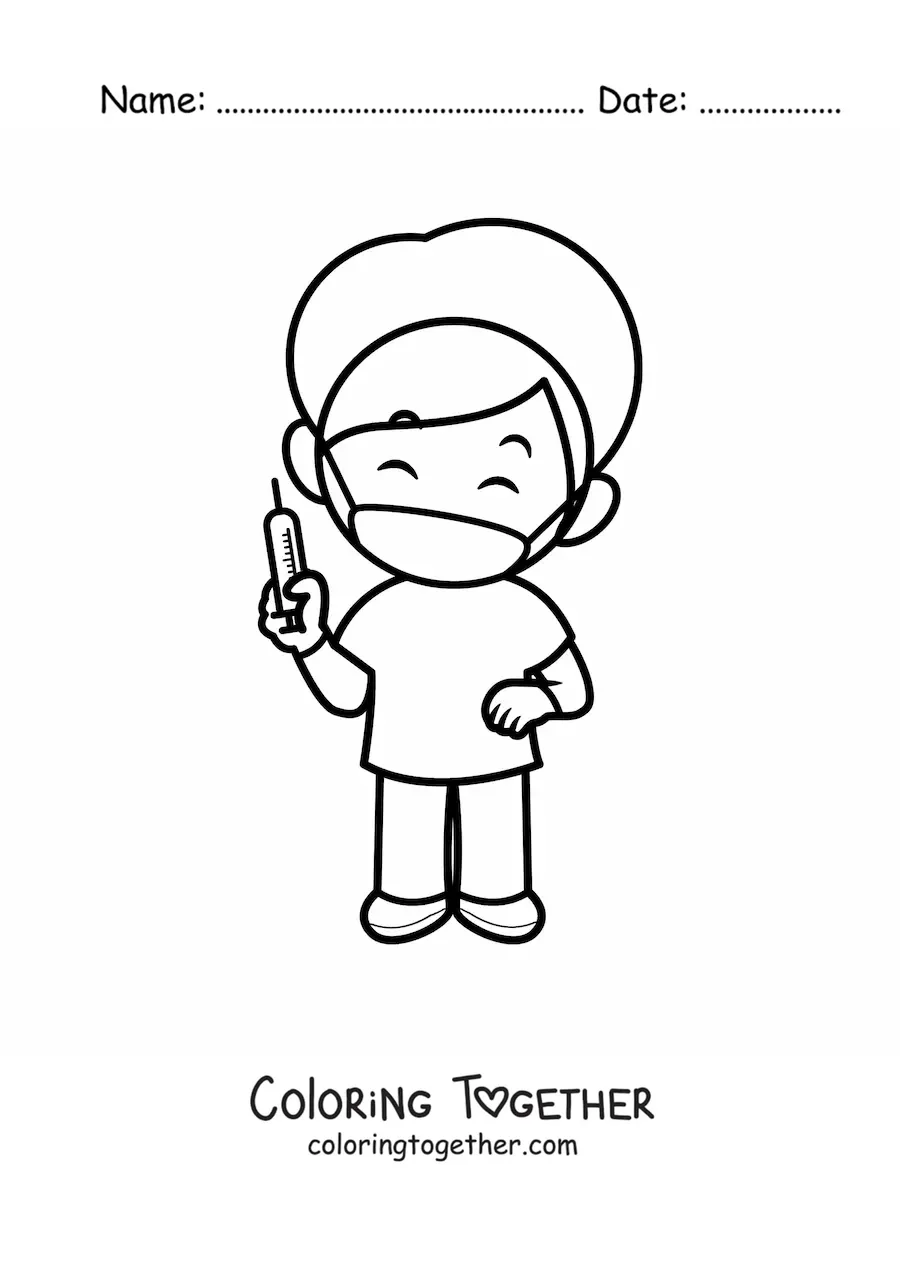 Coloring page of a cartoon male nurse with a syringe