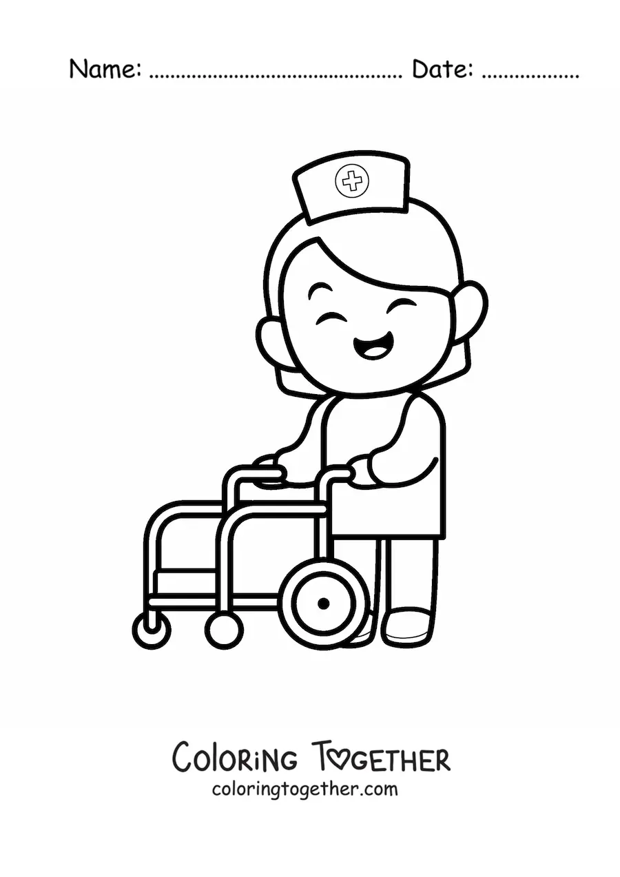Coloring page of a cartoon nurse with a wheelchair