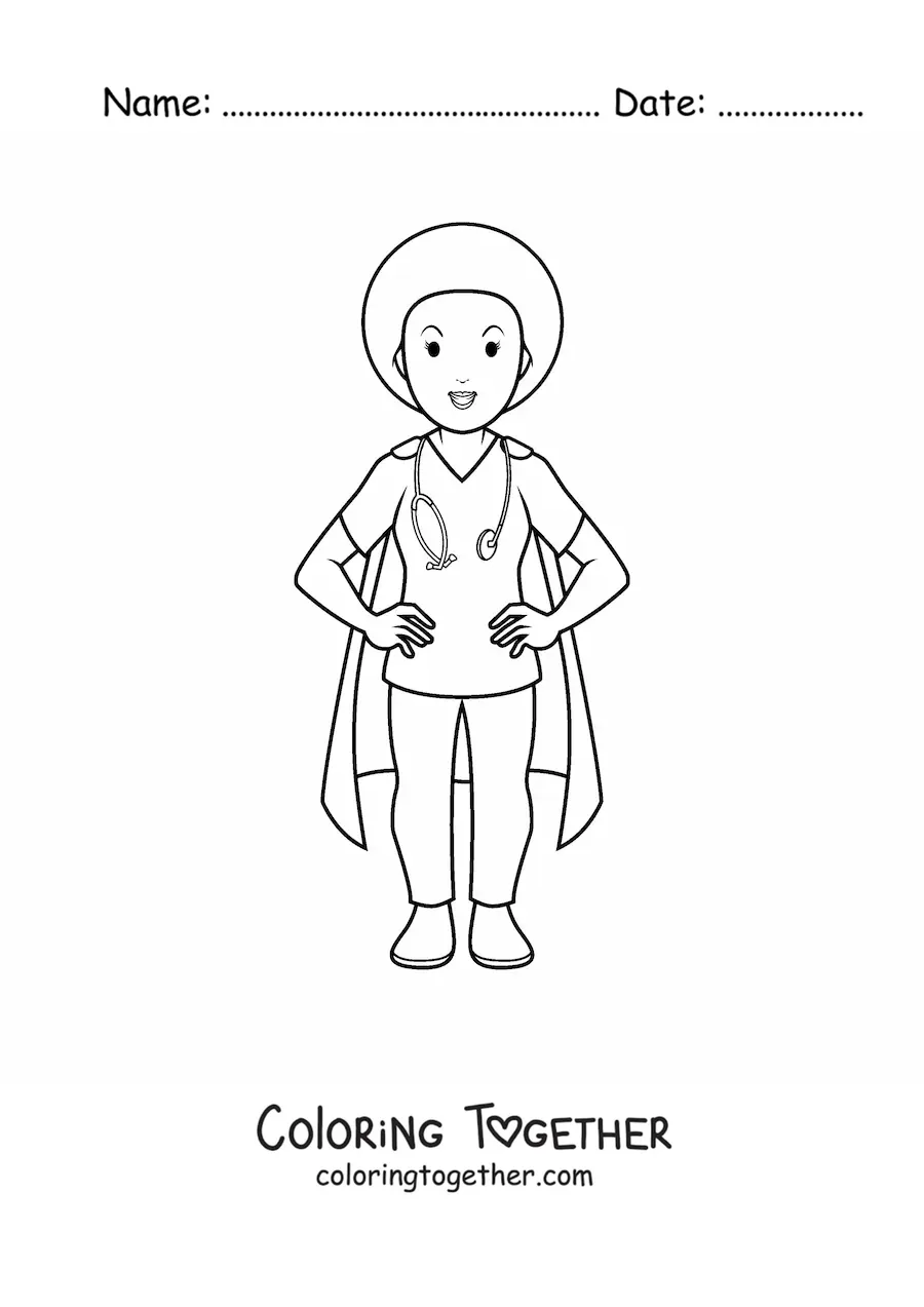 Coloring page of a superhero nurse