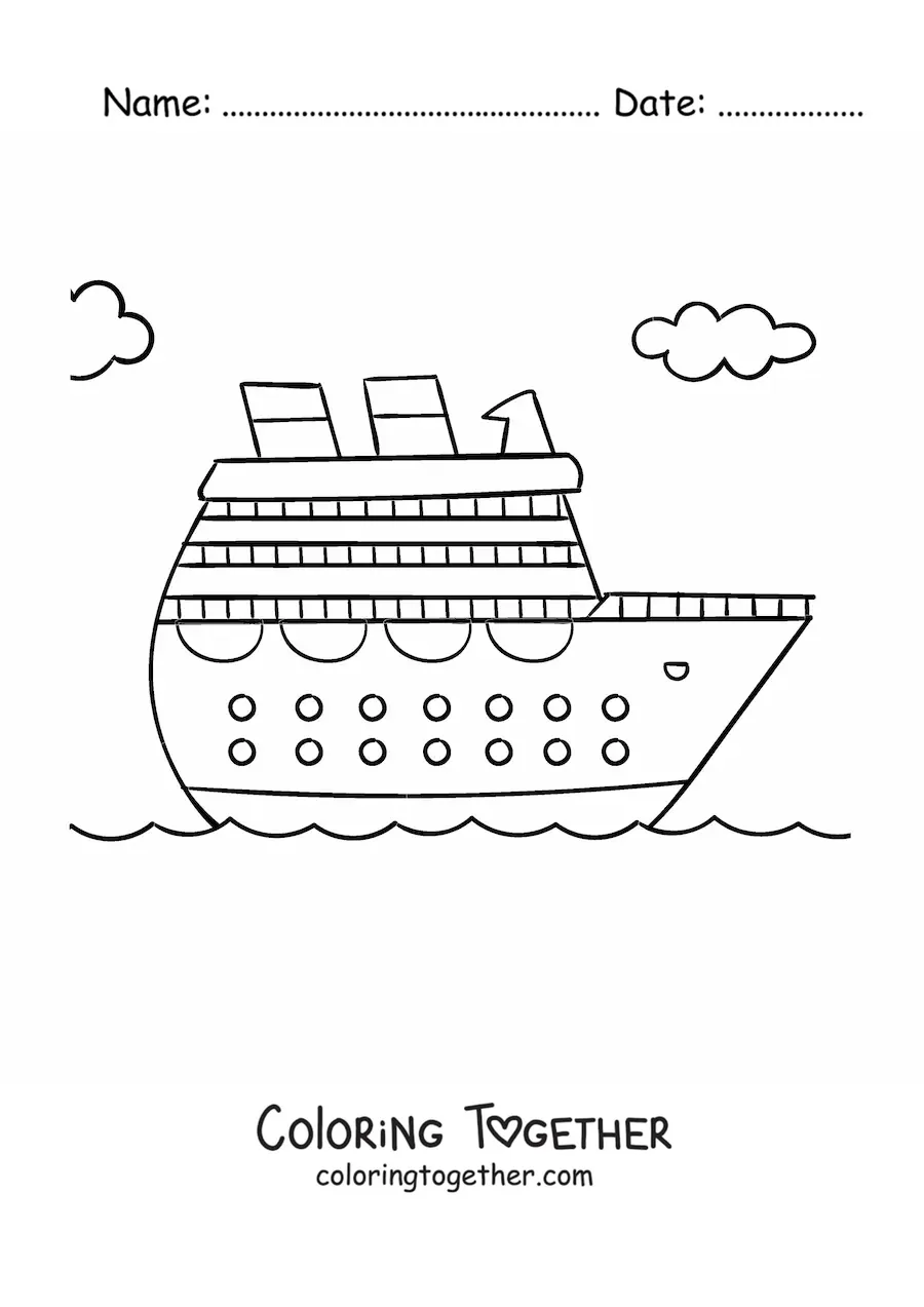 Coloring page of a cruise ship at sea with clouds in the background