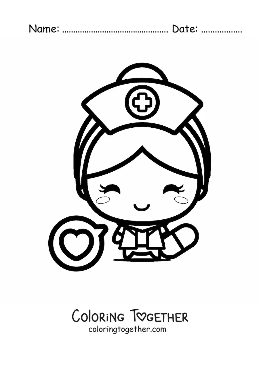 Coloring page of a kawaii nurse with a heart