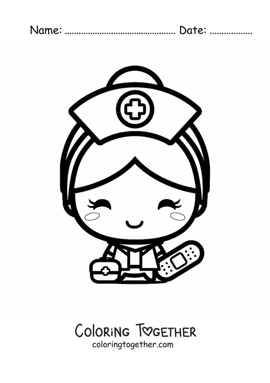 Coloring page of a kawaii nurse with a bandage