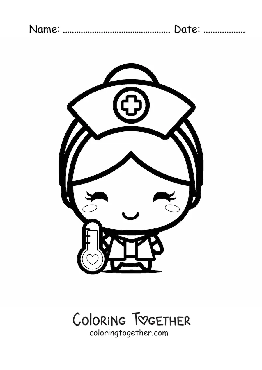 Coloring page of a kawaii nurse with a thermometer