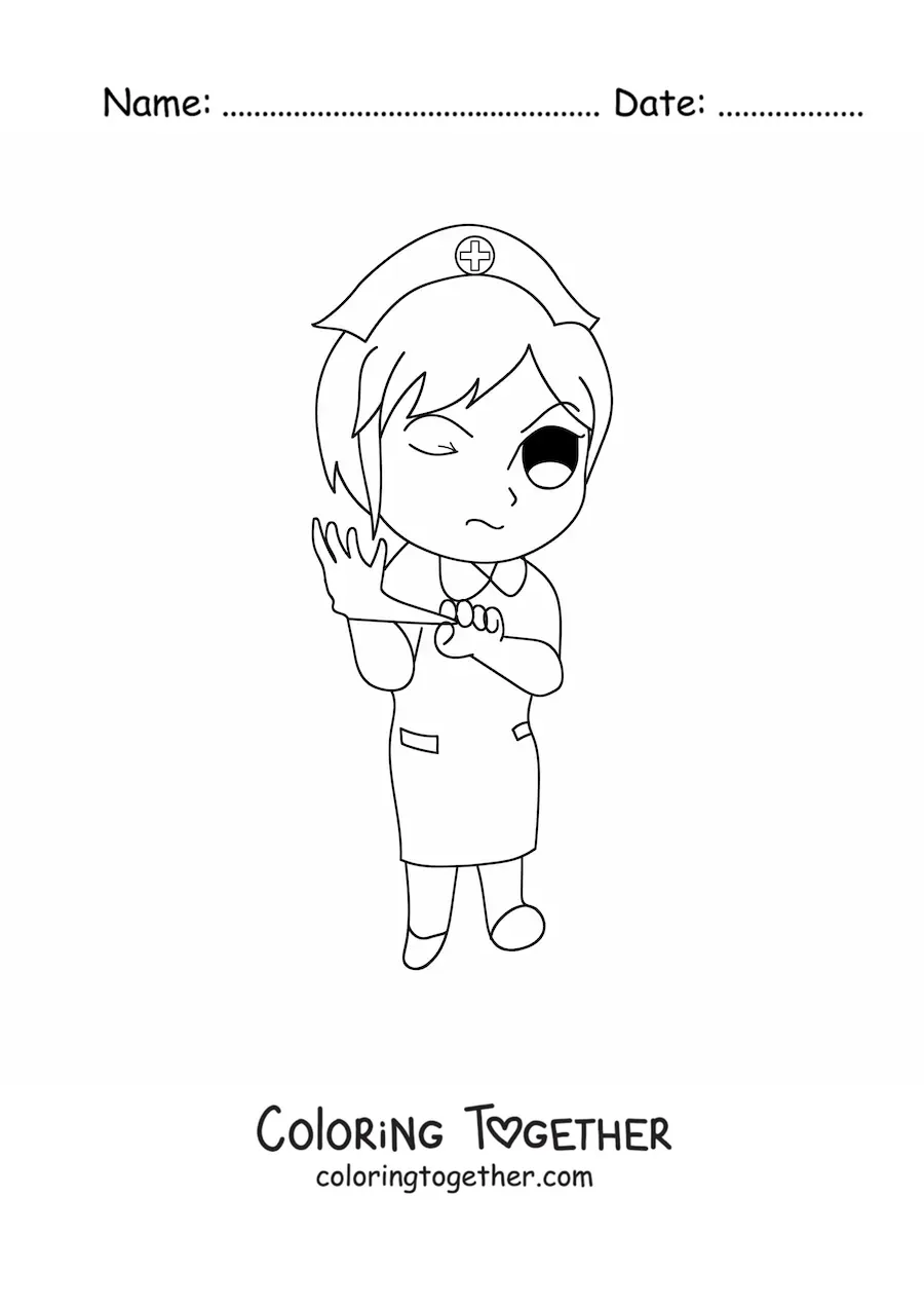 Coloring page of a cartoon nurse with a glove