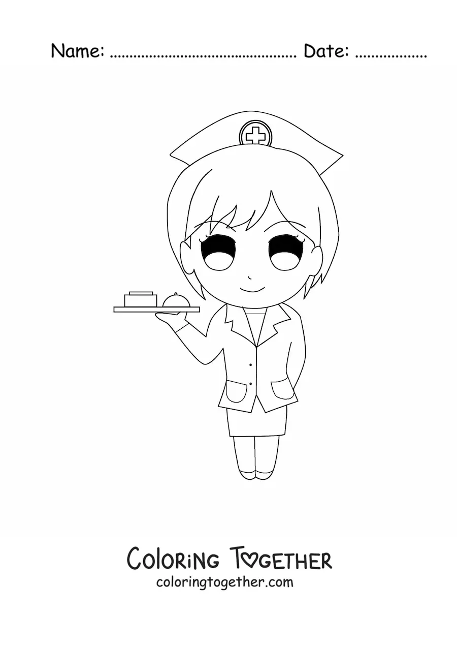 Coloring page of a cartoon nurse with a tray