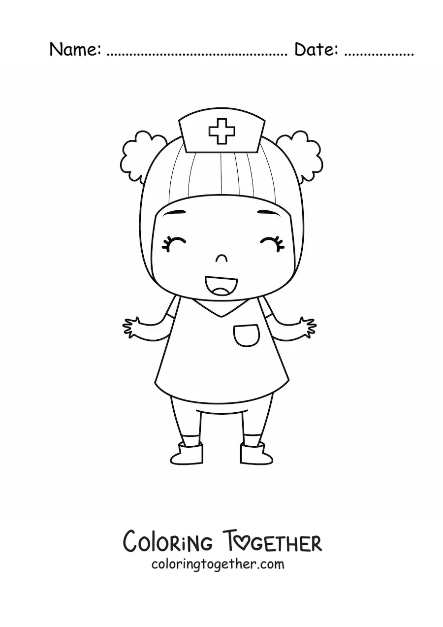 Coloring page of a cartoon nurse girl