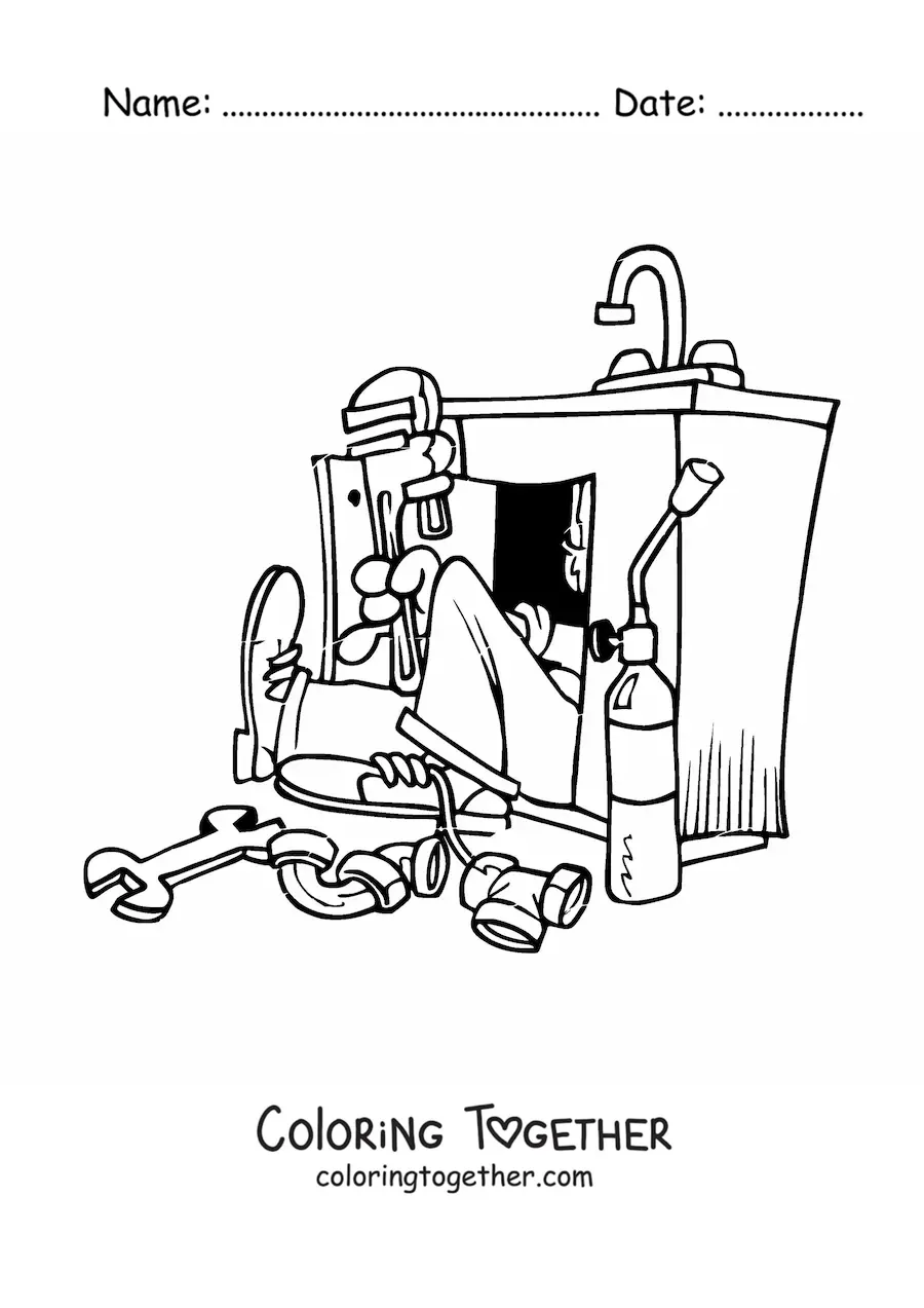 Coloring page of a cartoon plumber at work