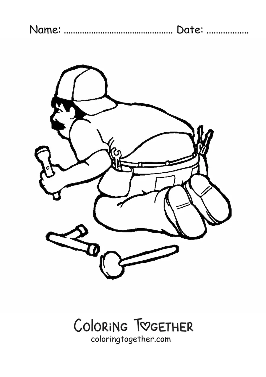 Coloring page of a cartoon of a funny plumber at work