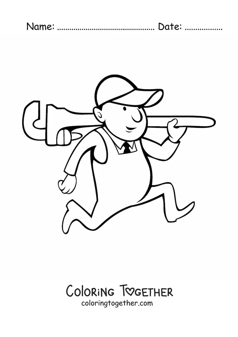 Coloring page of a cartoon plumber with a wrench