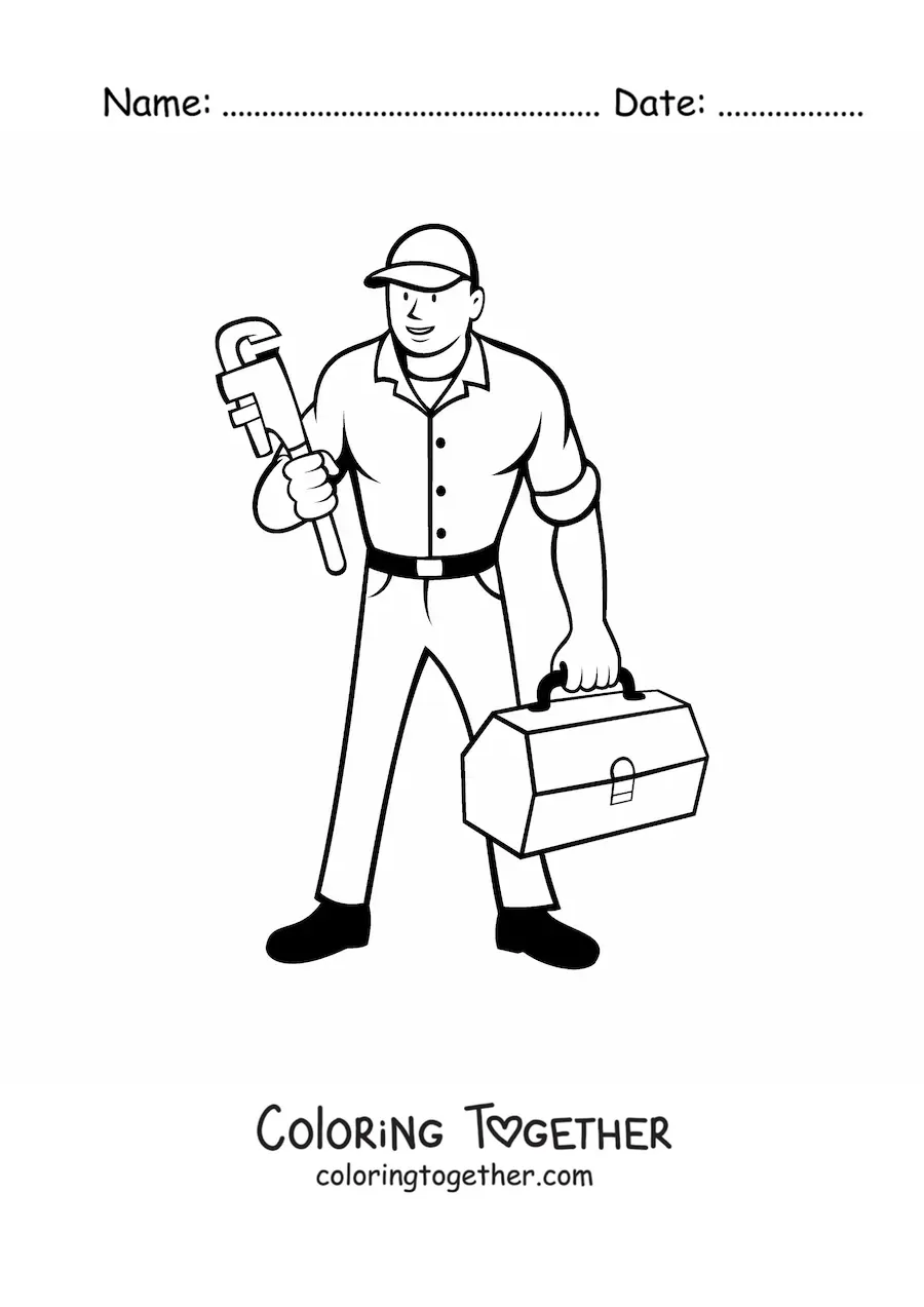 Coloring page of a cartoon plumber with a wrench and a toolbox