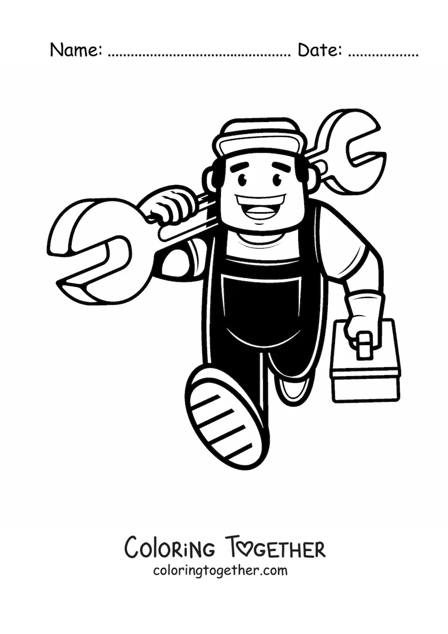 Coloring page of an easy cartoon plumber with his tools