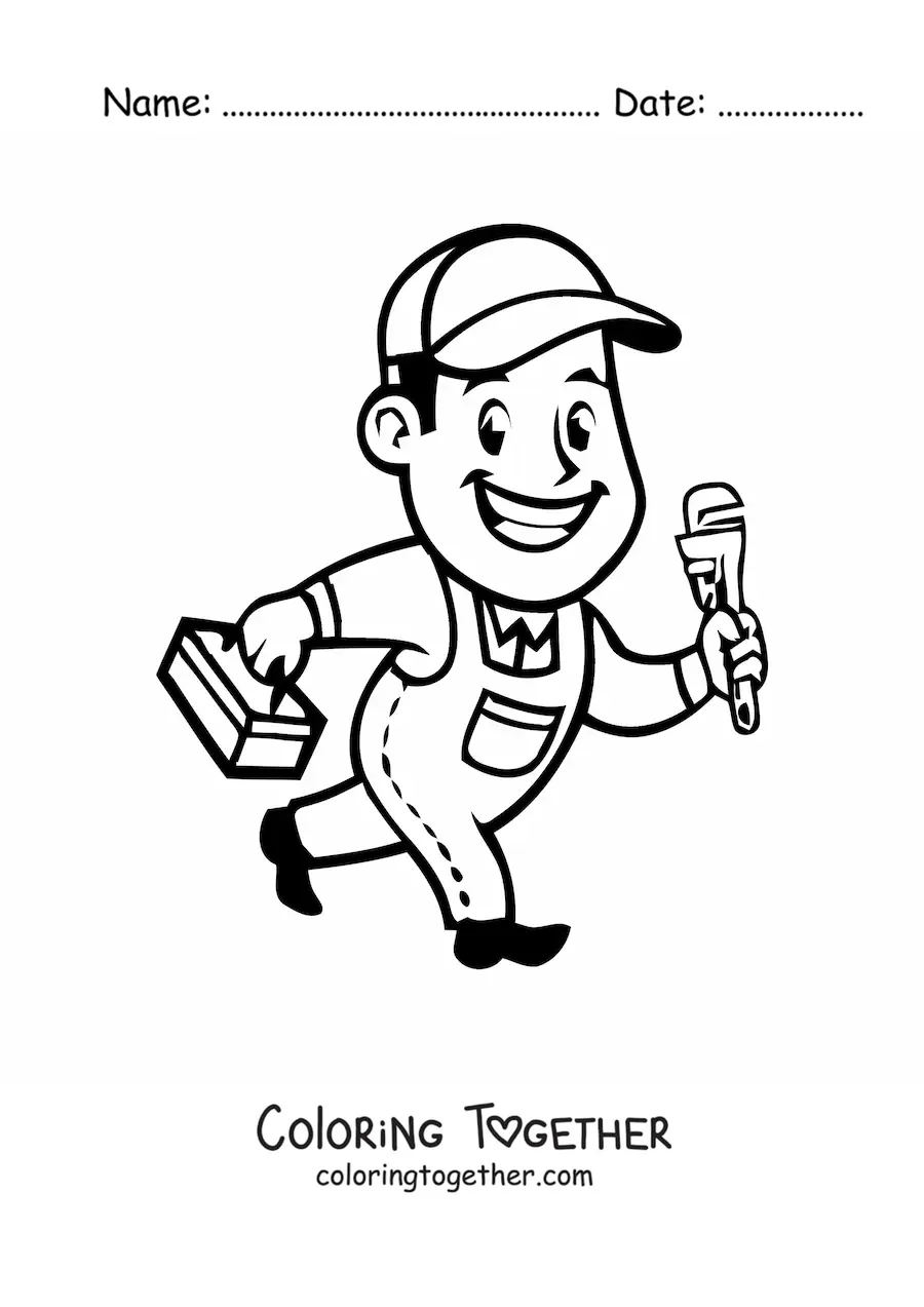 Coloring page of a kawaii cartoon plumber with his tools