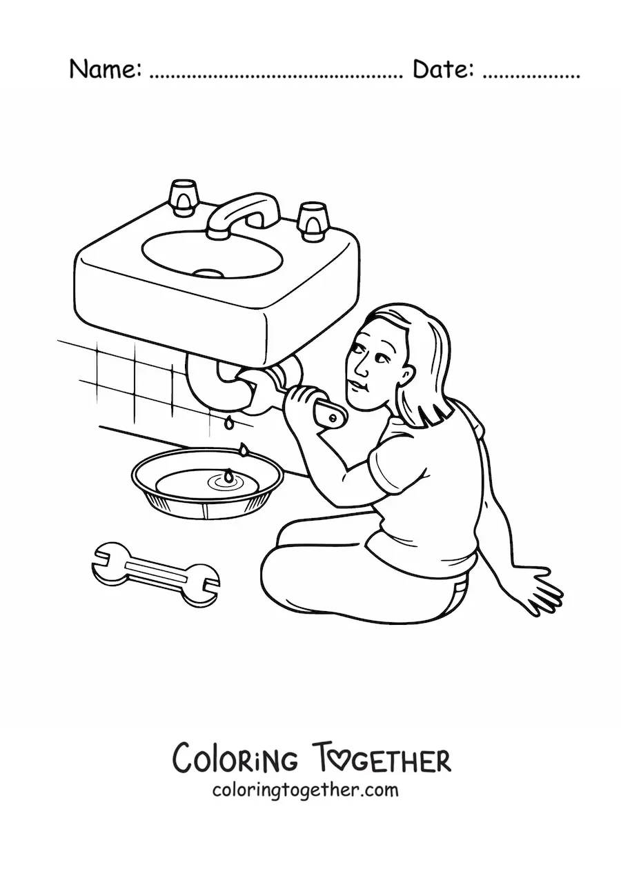 Coloring page of a woman plumber repairing a bathroom pipe