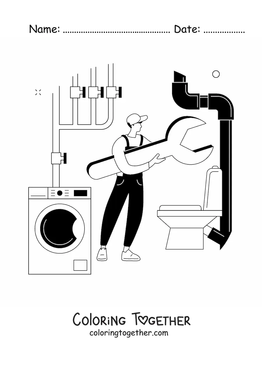 Coloring page of a plumber with a wrench and pipes