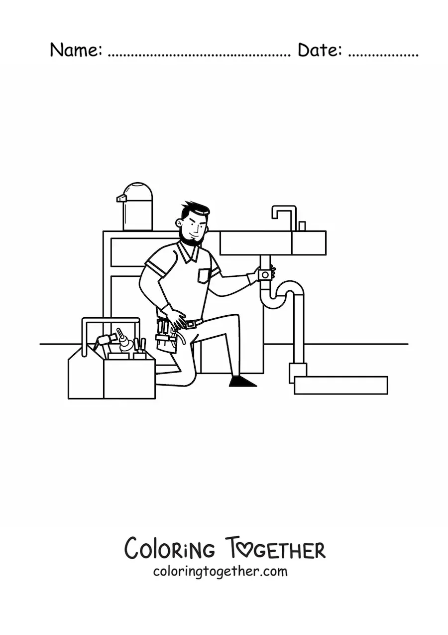 Coloring page of a cartoon plumber working on a sink