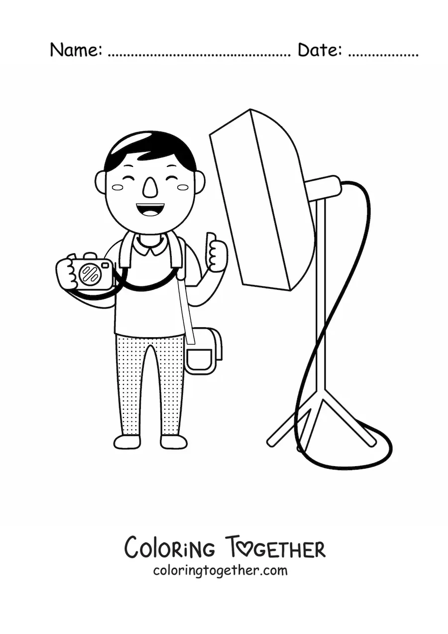 Coloring page of a cartoon professional photographer