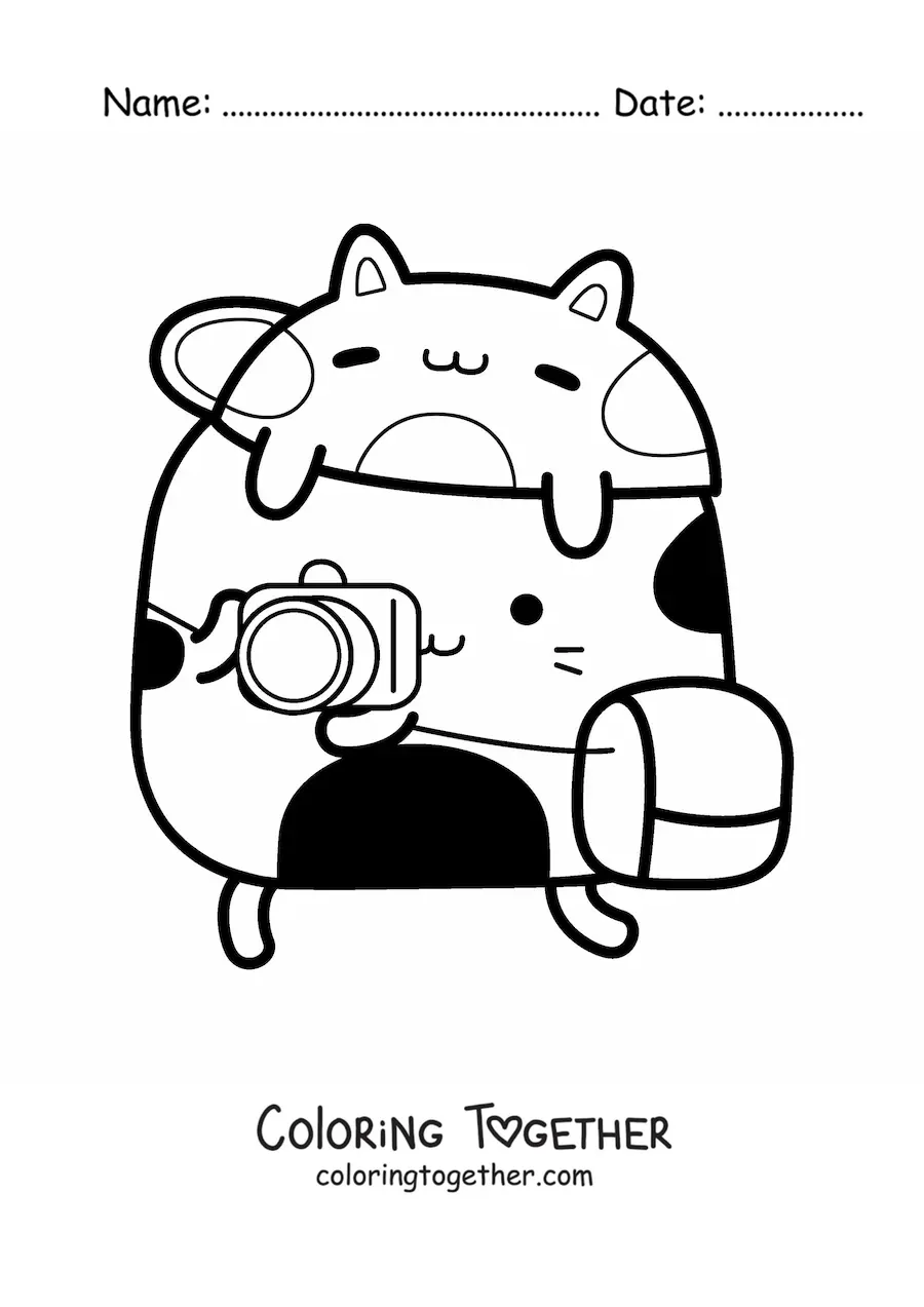 Coloring page of a kawaii cartoon photographer cat