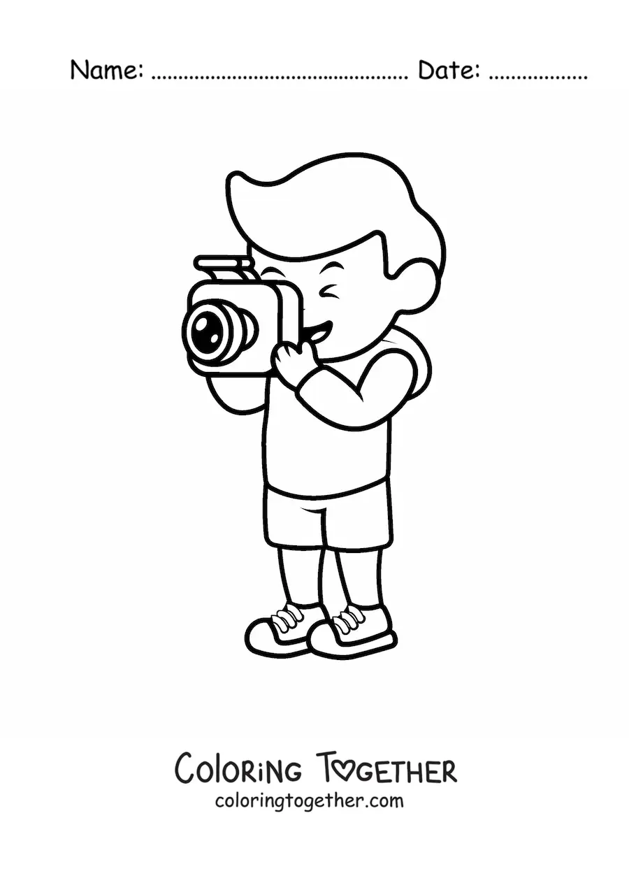 Coloring page of a cartoon photographer boy