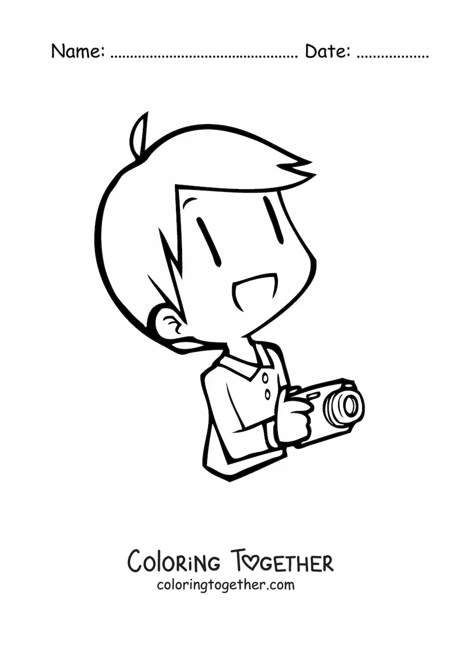 Coloring page of a kawaii male photographer