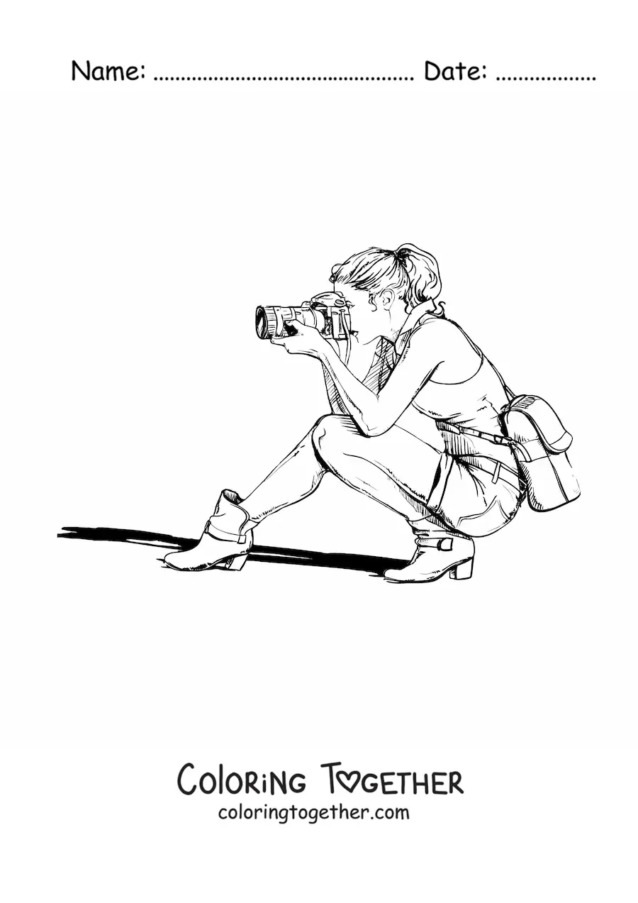 Coloring page of a realistic photographer girl