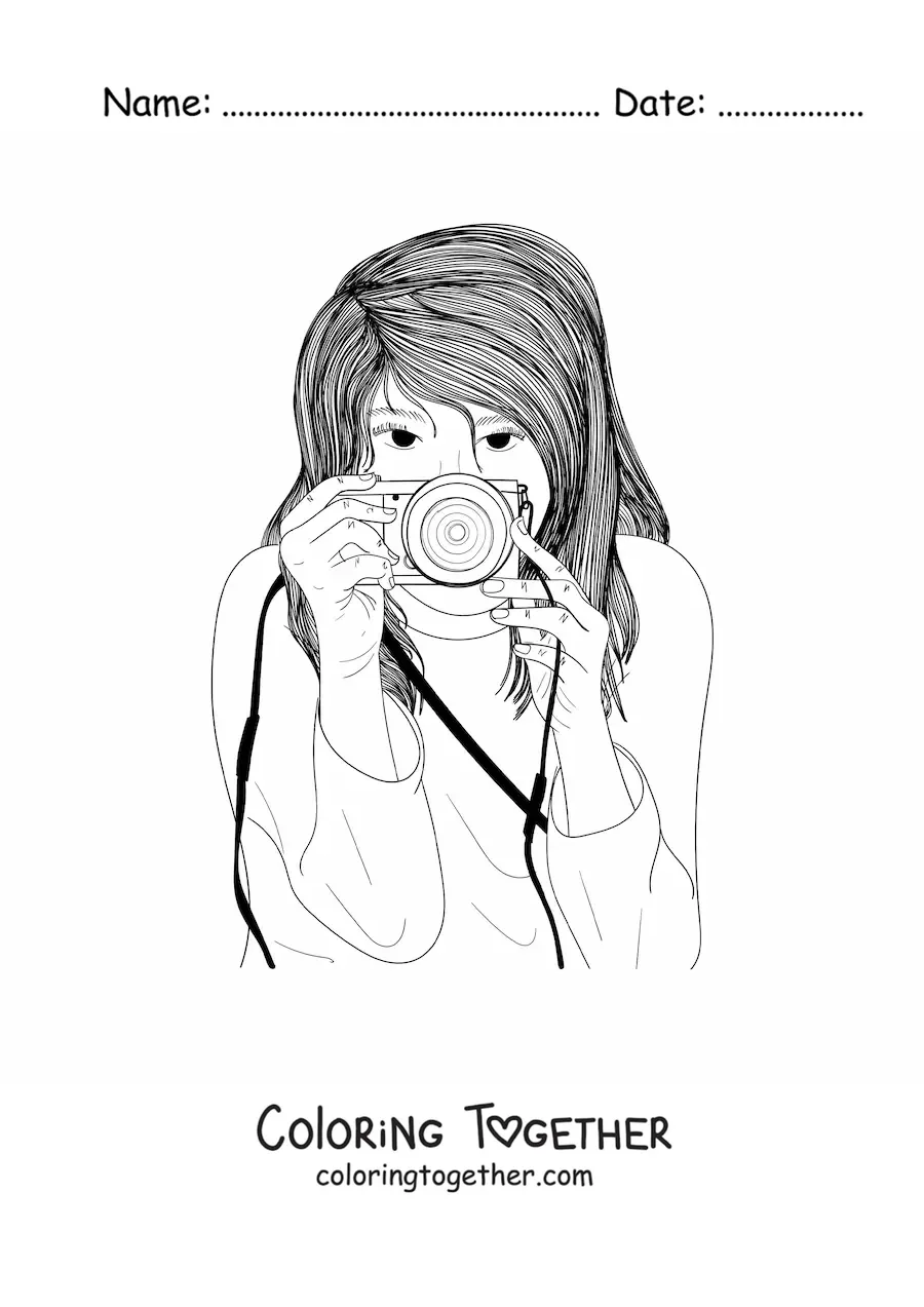 Coloring page of a realistic girl taking a photograph