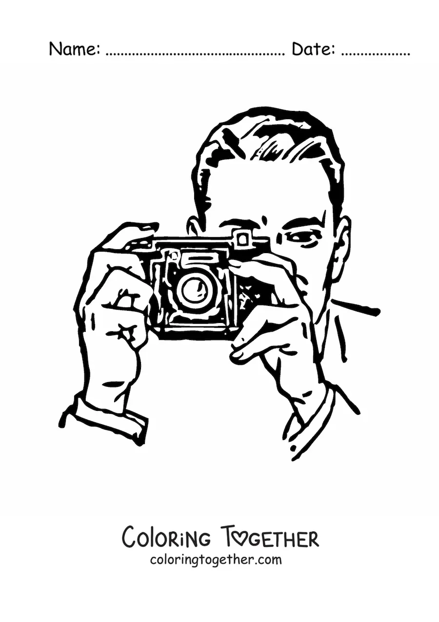 Coloring page of a man taking a photo with a camera