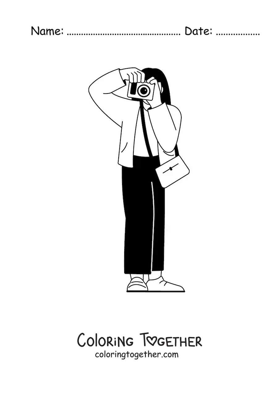 Coloring page of a girl taking a photo with a camera