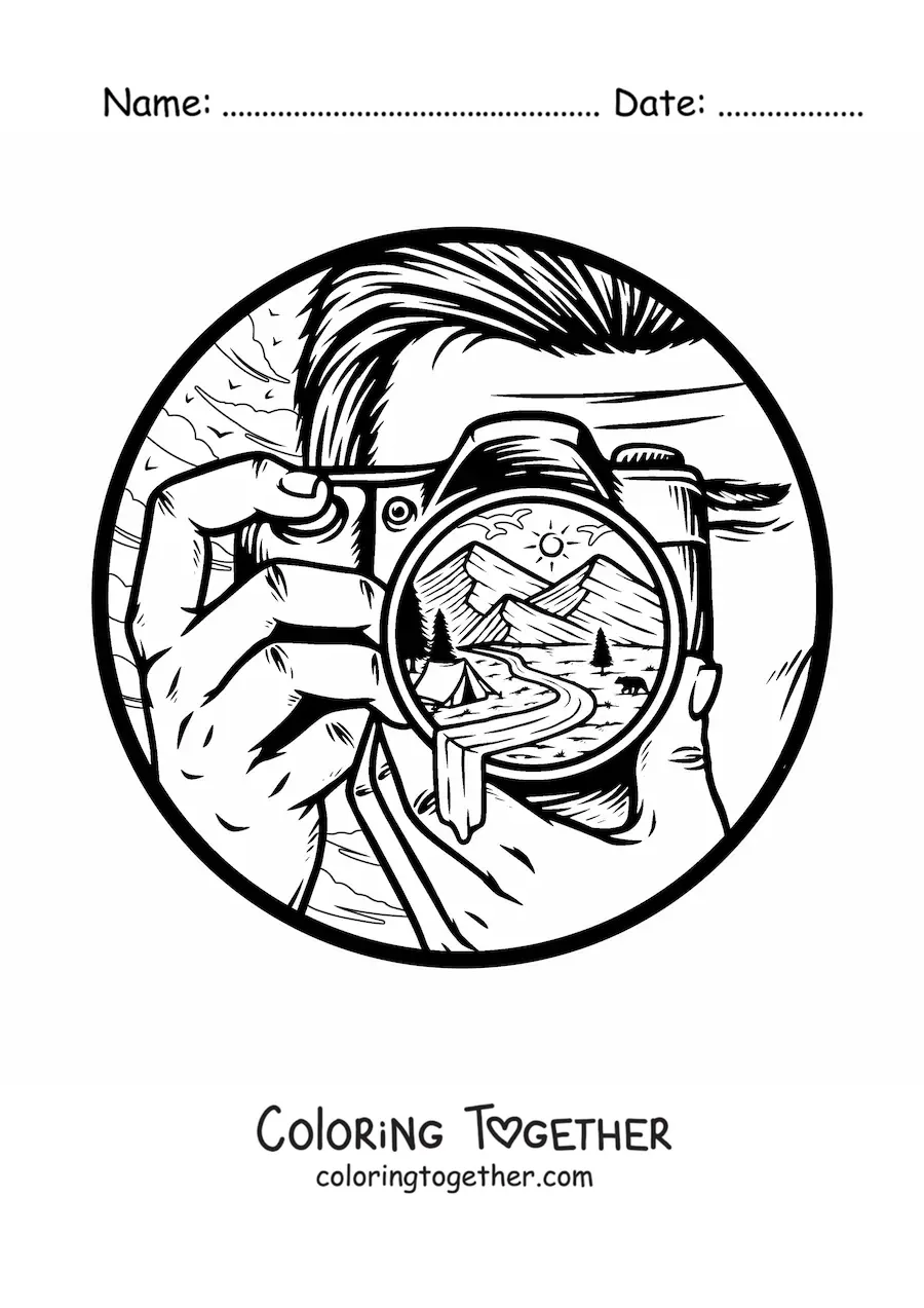 Coloring page of a man taking a photo of a landscape with a camera