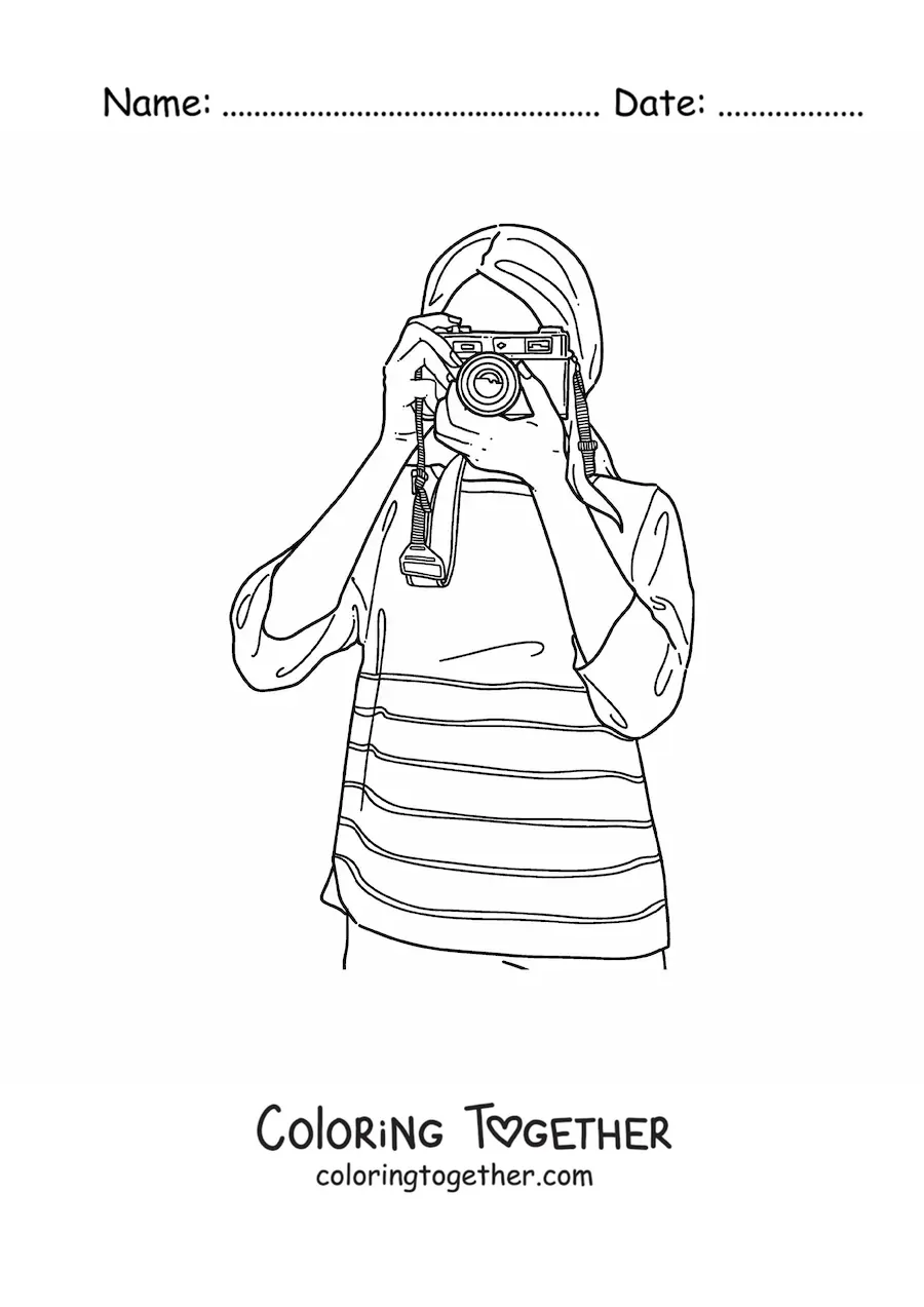 Coloring page of a woman photographer with a camera