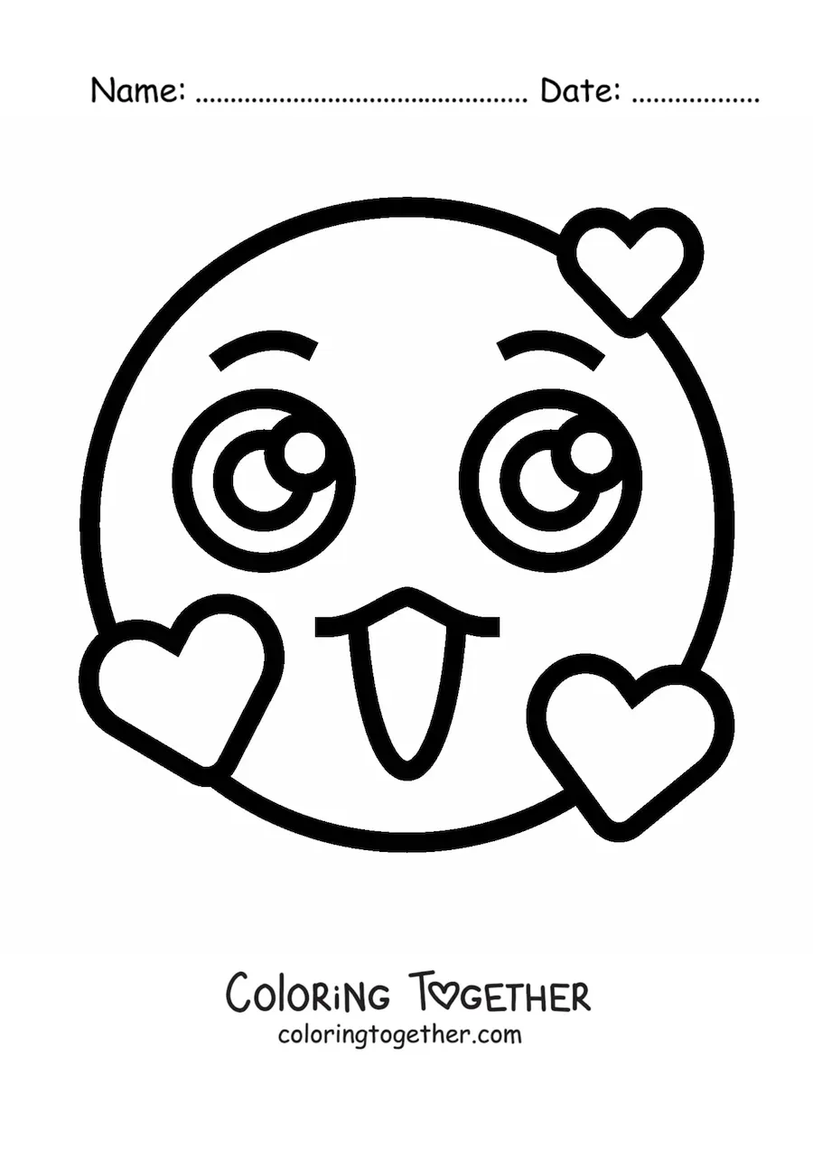 Coloring page of a kawaii emoji in love