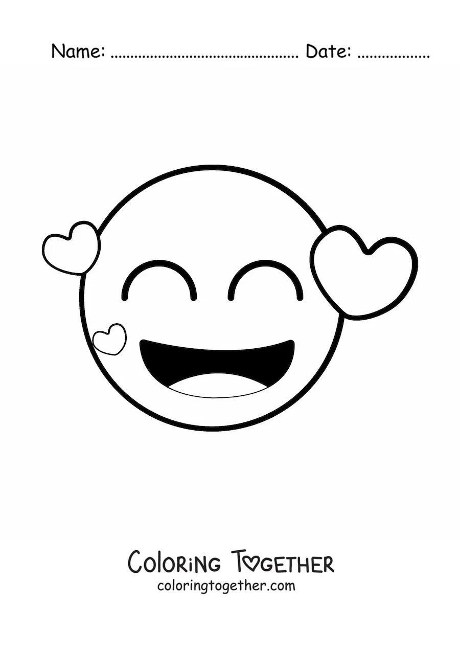 Coloring page of a happy emoji with hearts