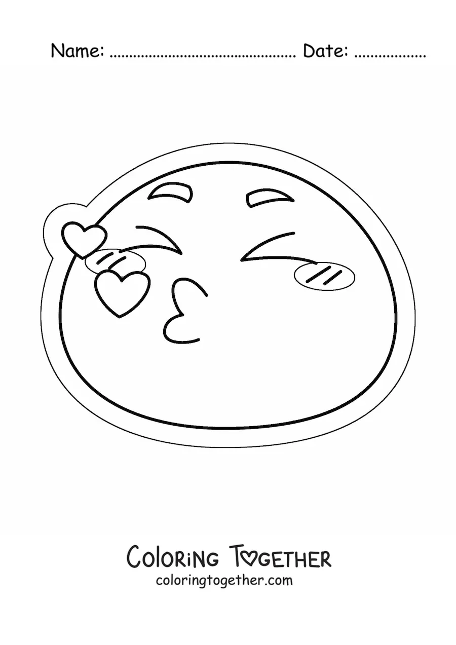 Coloring page of a kissing emoji with hearts