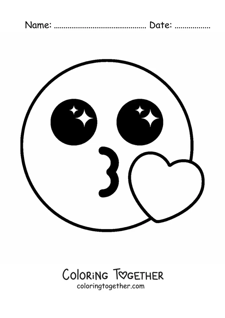 Coloring page of a kawaii kissing emoji