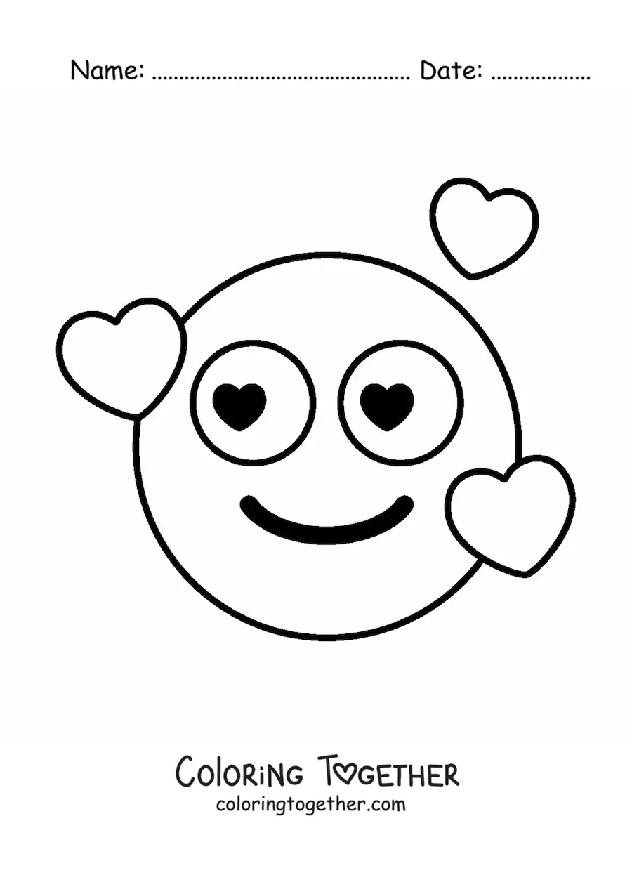 Coloring page of a smiling face with hearts