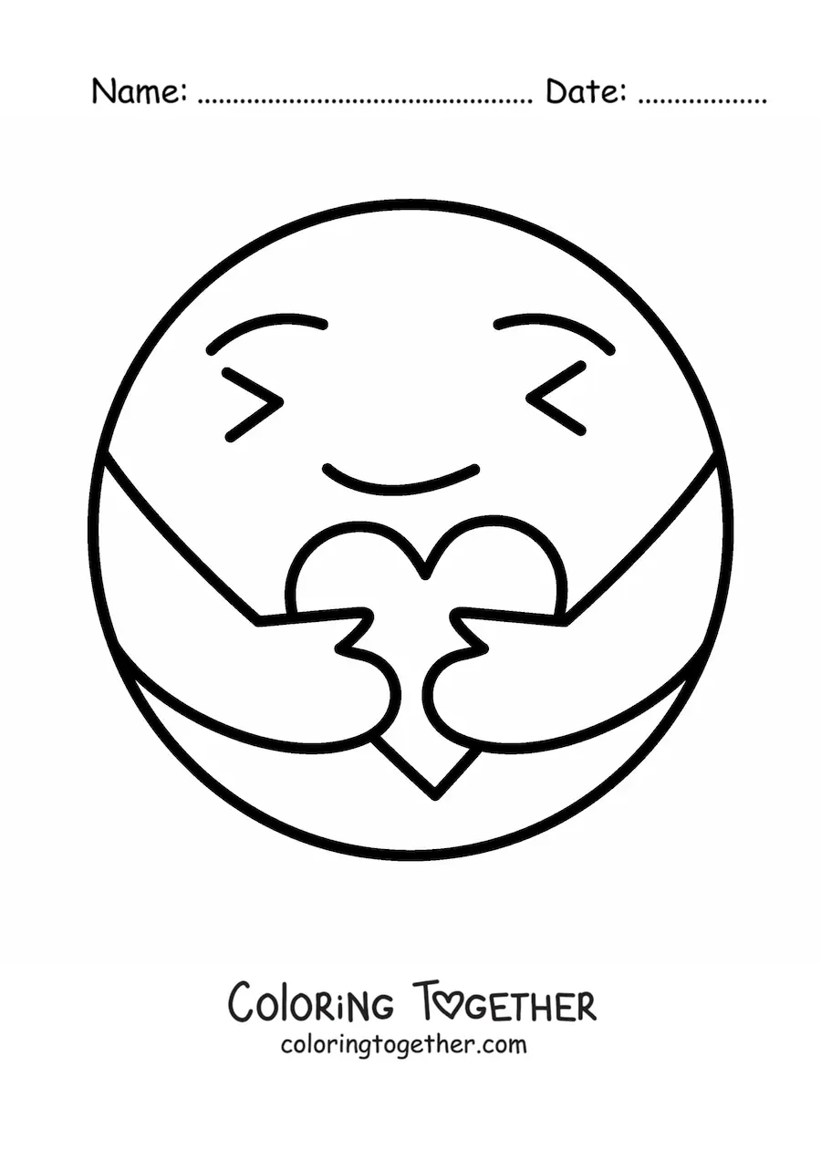 Coloring page of a cute hugging emoji with a heart