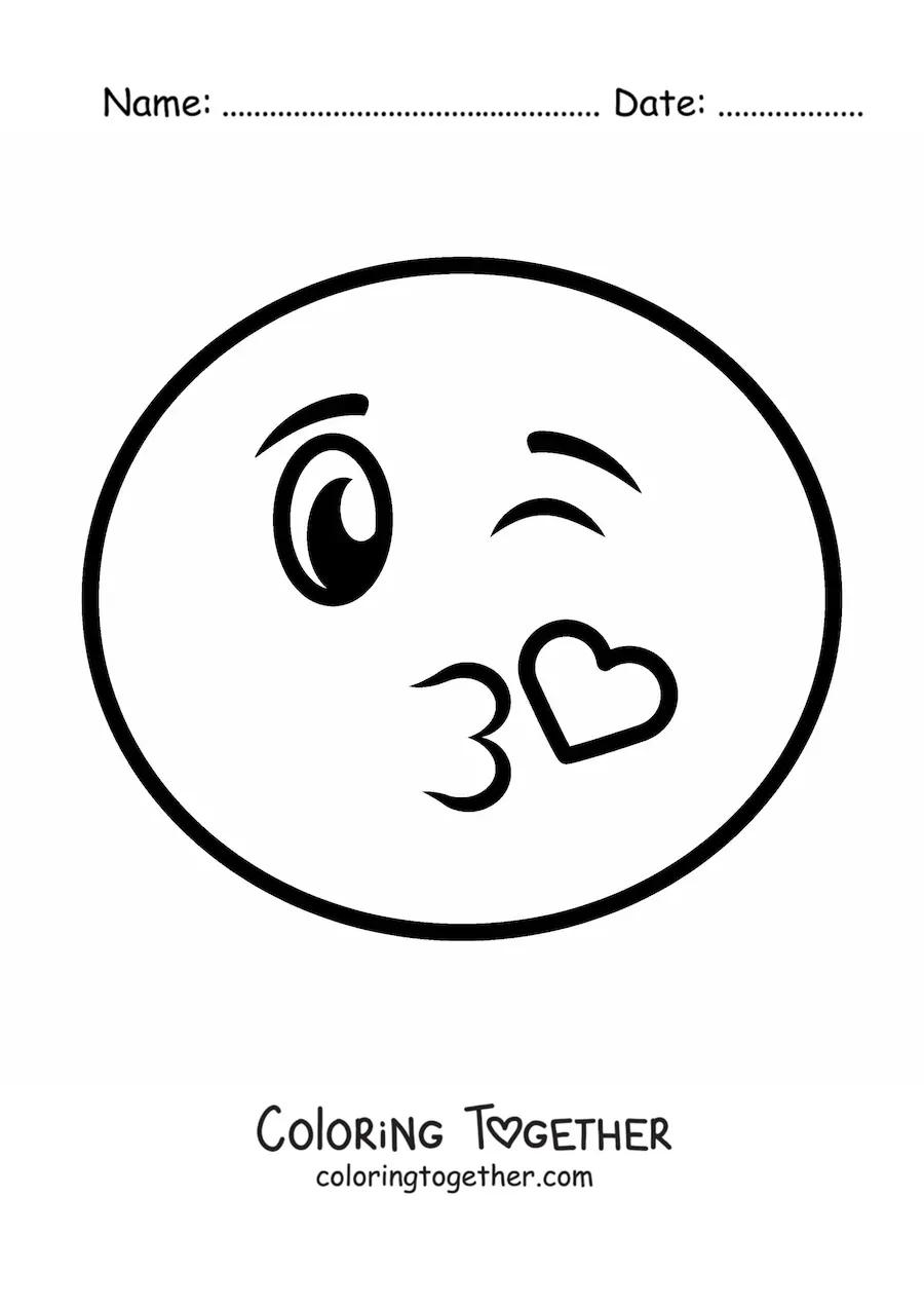 Coloring page of a flirty emoji blowing a kiss