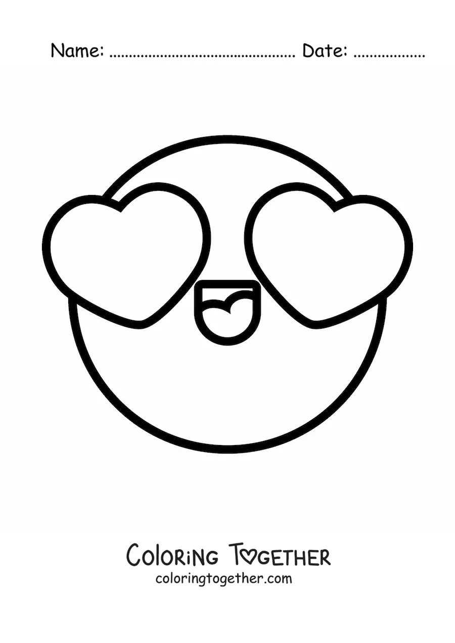 Coloring page of an emoji in love with big heart eyes