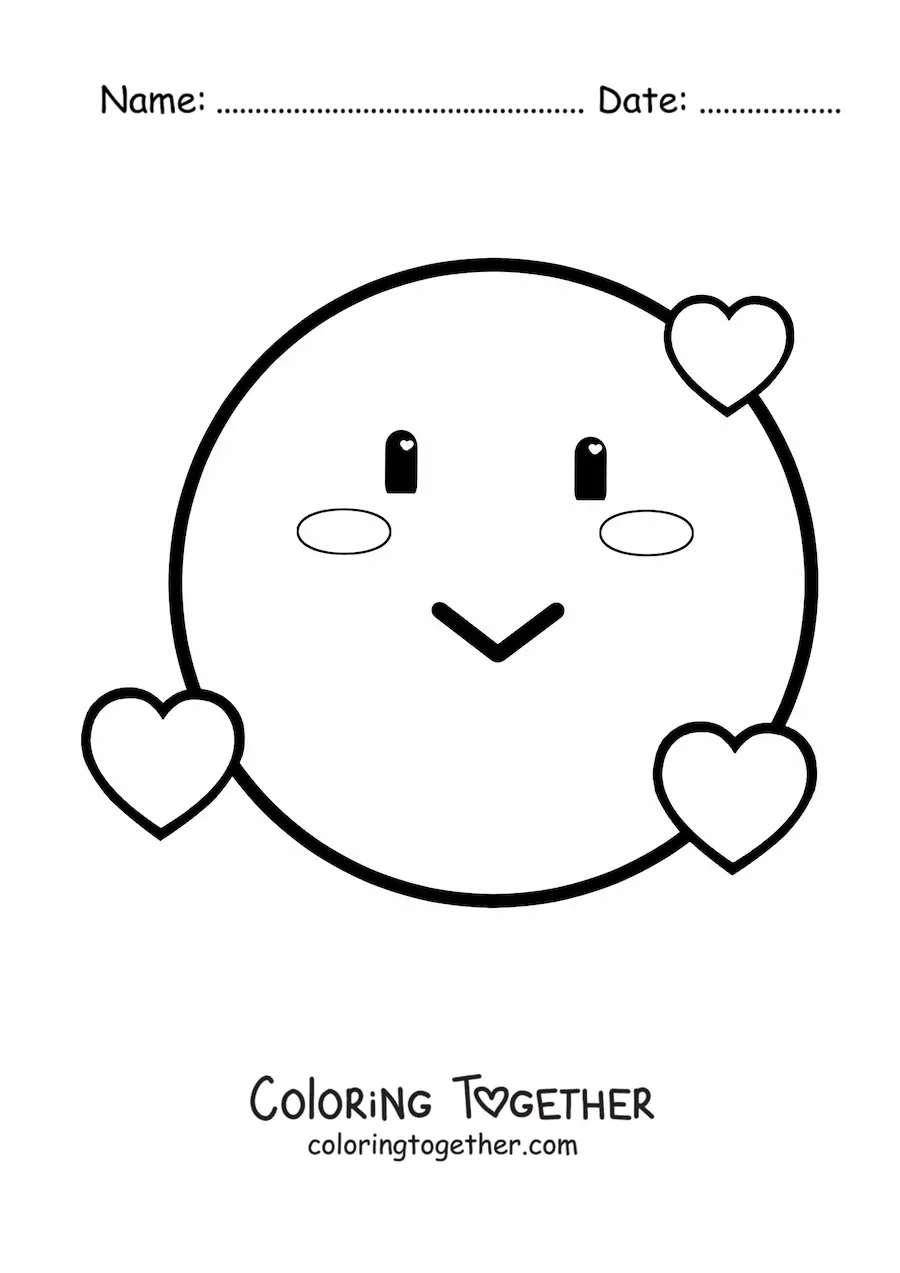 Coloring page of an emoji in love with hearts all around